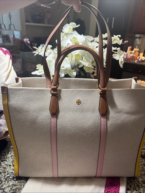 Tory Burch Handbags - Tory Burch Cream Canvas Tote with Pink Trim and Brown Leather